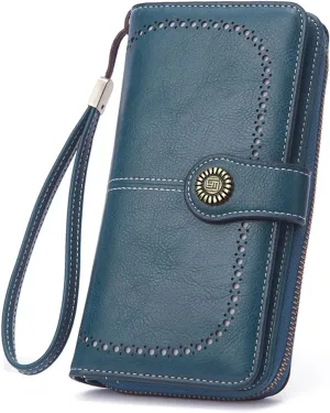 Mokoze Blue Wallet for Women, PU Leather Large Capacity Bifold Wallets with Wrist Strap and Zipper for Hold Credit Cards/Cell Phones/Keys, Girlfriends Mother's Day Gifts