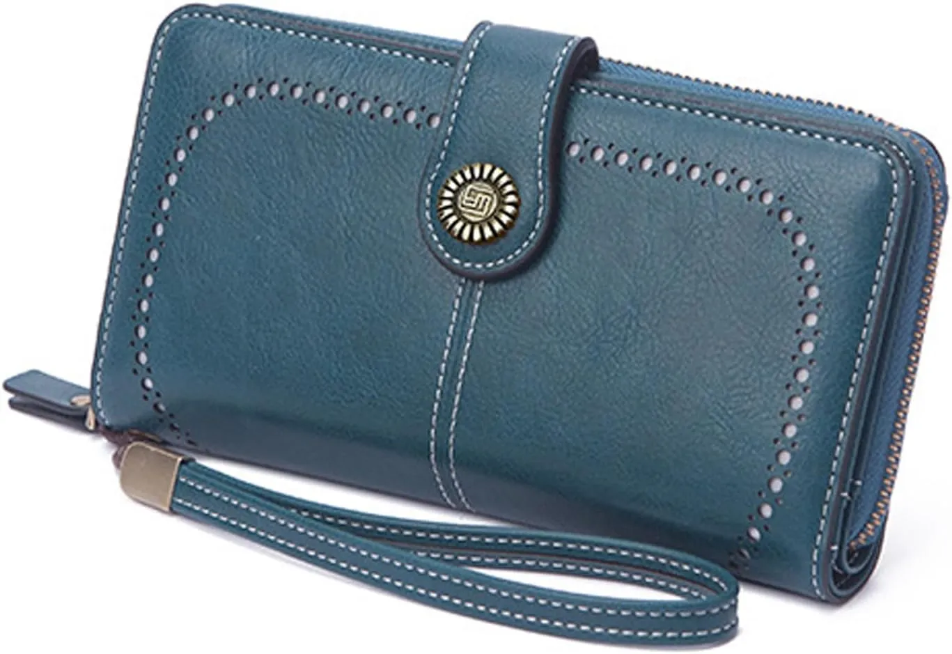 Mokoze Blue Wallet for Women, PU Leather Large Capacity Bifold Wallets with Wrist Strap and Zipper for Hold Credit Cards/Cell Phones/Keys, Girlfriends Mother's Day Gifts