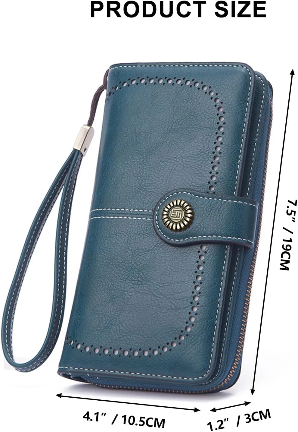 Mokoze Blue Wallet for Women, PU Leather Large Capacity Bifold Wallets with Wrist Strap and Zipper for Hold Credit Cards/Cell Phones/Keys, Girlfriends Mother's Day Gifts