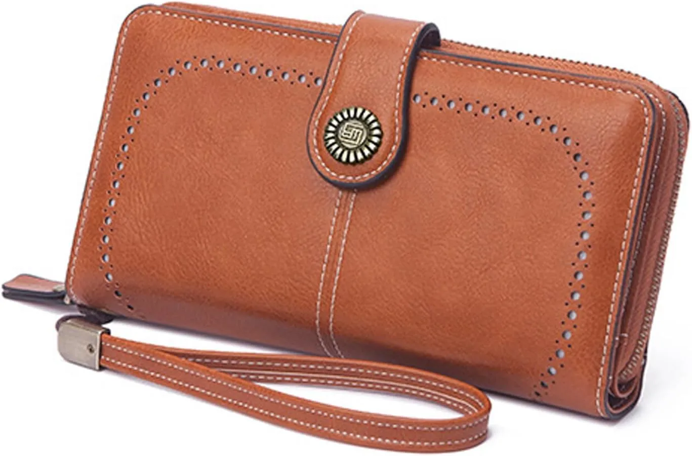 Mokoze Brown Wallet for Women, PU Leather Large Capacity Bifold Wallets with Wrist Strap and Zipper for Hold Credit Cards/Cell Phones/Keys, Girlfriends Mother's Day Gifts