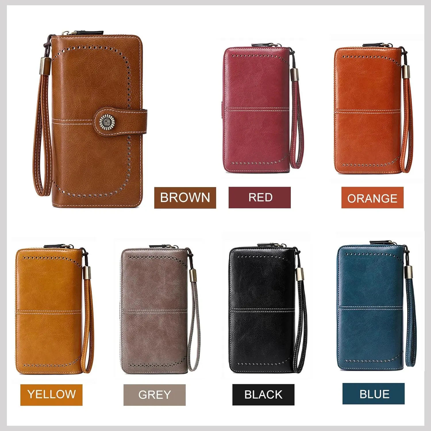 Mokoze Brown Wallet for Women, PU Leather Large Capacity Bifold Wallets with Wrist Strap and Zipper for Hold Credit Cards/Cell Phones/Keys, Girlfriends Mother's Day Gifts