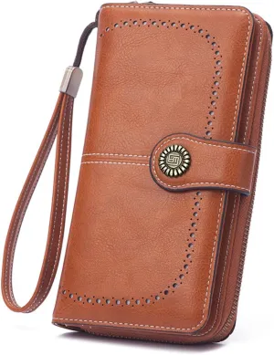 Mokoze Brown Wallet for Women, PU Leather Large Capacity Bifold Wallets with Wrist Strap and Zipper for Hold Credit Cards/Cell Phones/Keys, Girlfriends Mother's Day Gifts