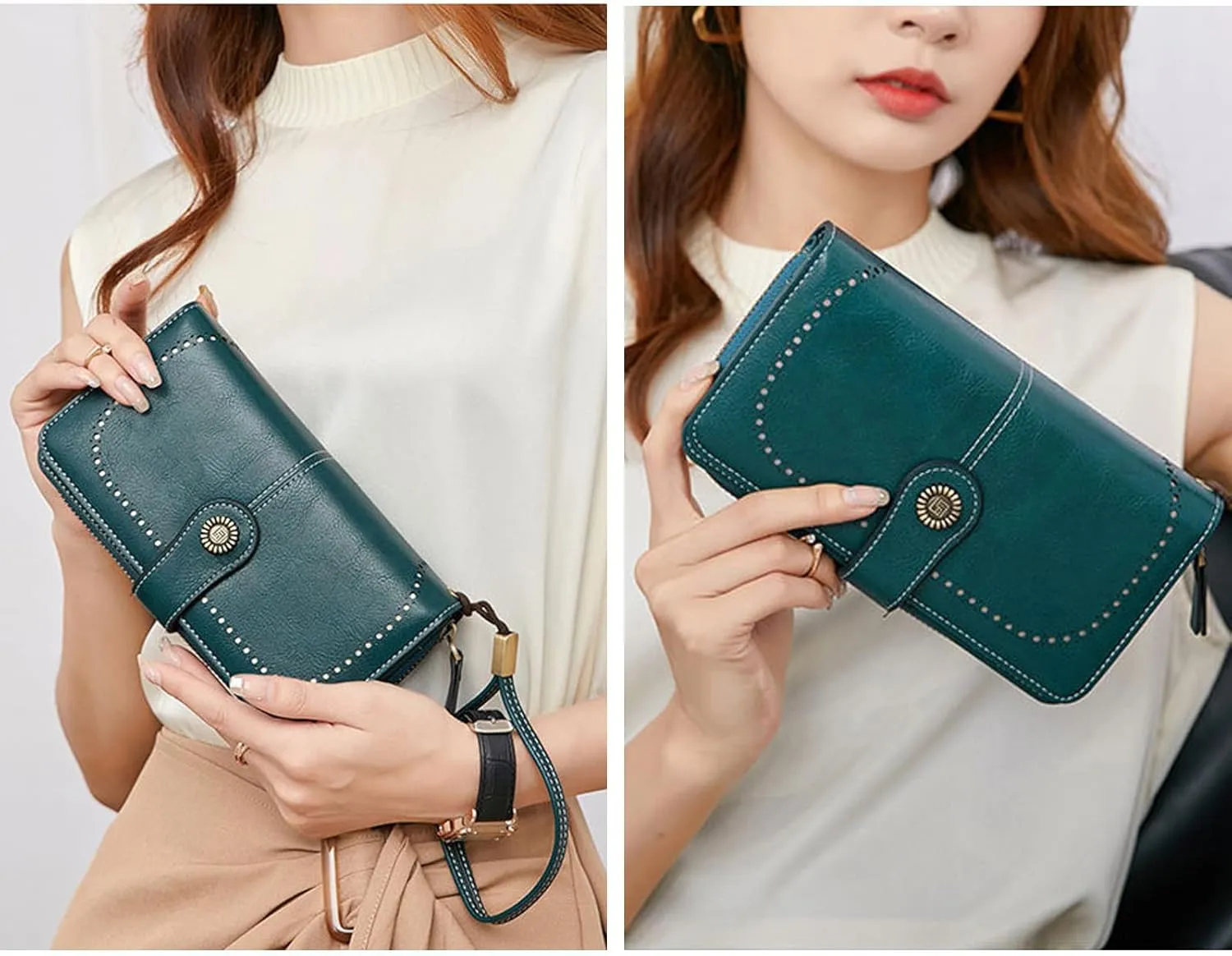 Mokoze Brown Wallet for Women, PU Leather Large Capacity Bifold Wallets with Wrist Strap and Zipper for Hold Credit Cards/Cell Phones/Keys, Girlfriends Mother's Day Gifts
