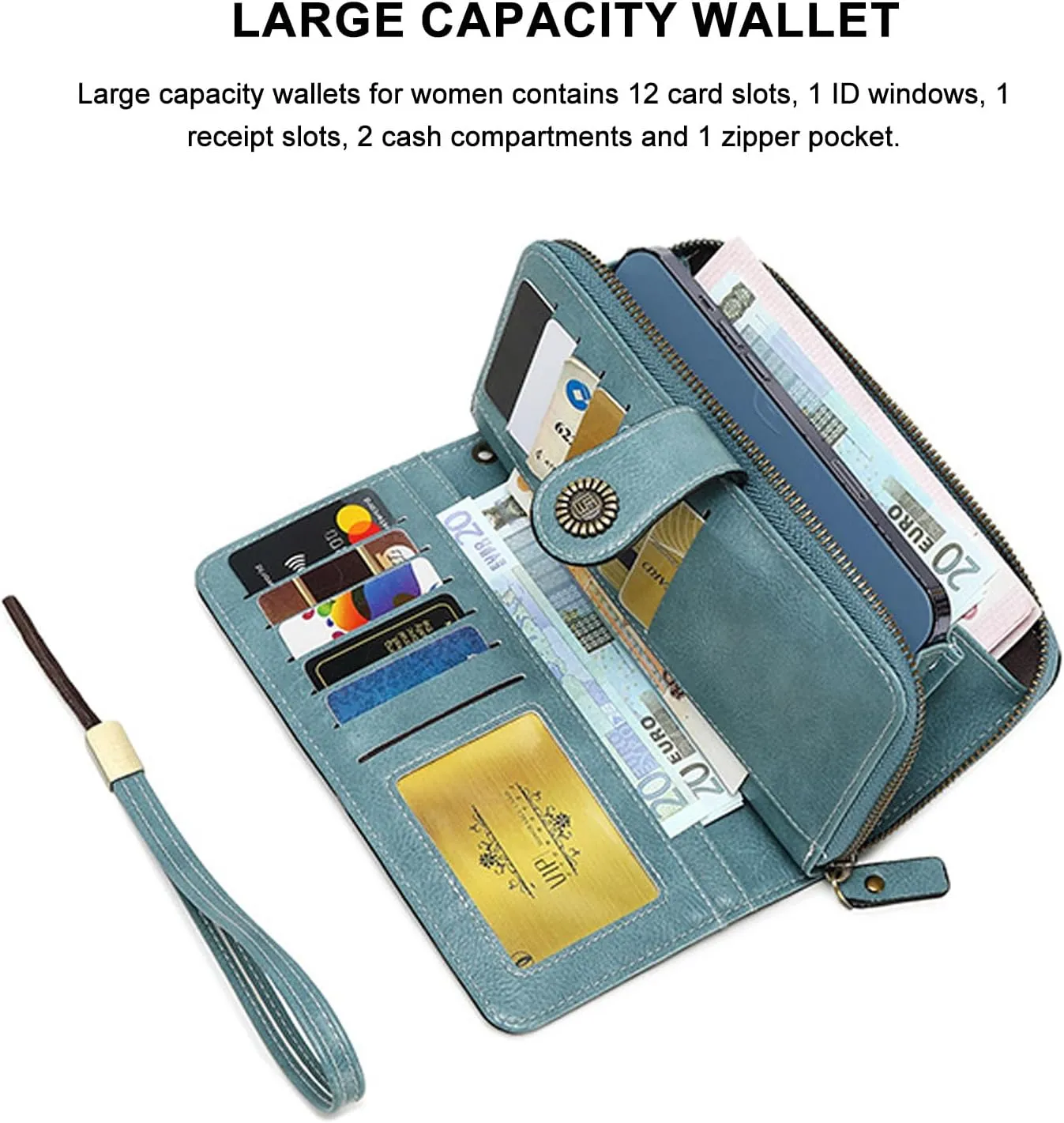 Mokoze Light Blue Wallet for Women, PU Leather Large Capacity Bifold Wallets with Wrist Strap and Zipper for Hold Credit Cards/Cell Phones/Keys, Girlfriends Mother's Day Gifts
