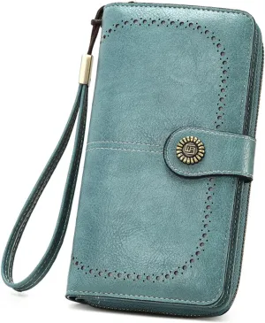 Mokoze Light Blue Wallet for Women, PU Leather Large Capacity Bifold Wallets with Wrist Strap and Zipper for Hold Credit Cards/Cell Phones/Keys, Girlfriends Mother's Day Gifts