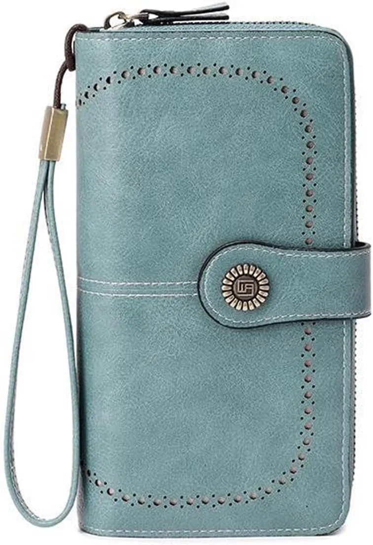 Mokoze Light Blue Wallet for Women, PU Leather Large Capacity Bifold Wallets with Wrist Strap and Zipper for Hold Credit Cards/Cell Phones/Keys, Girlfriends Mother's Day Gifts