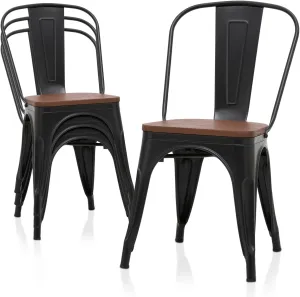 MoNiBloom Metal Dining Chairs Set of 4, Industrial Vintage Stackable Metal Chair Vintage Farmhouse Chairs with Detachable Backrest and Wood Seat for Indoor Outdoor Bistro, Black