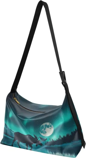Moose Aurora Shoulder Bag Leather Large Capacity Crossbody Bags Purse Zipper Closure with Fabric Strap