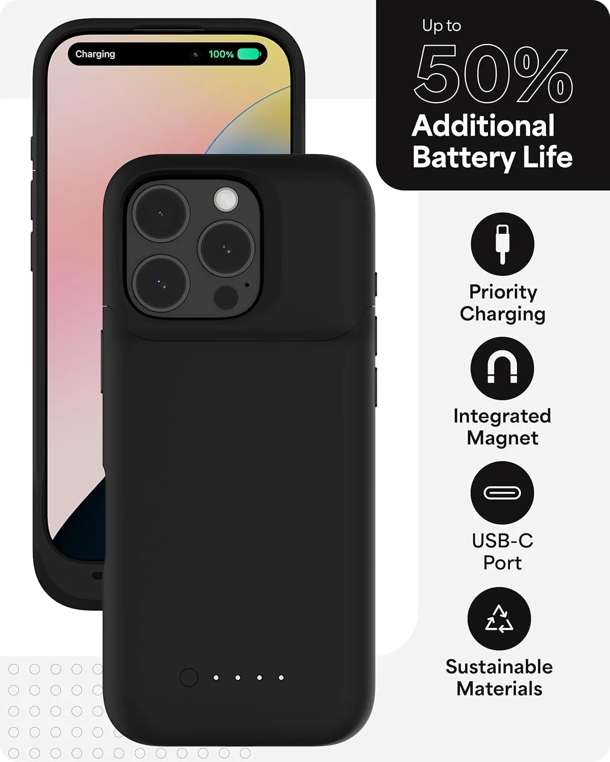 mophie Juice Pack Battery Case for iPhone 16 Pro - Slim Charging Case, Magnetic Back for Wallets & Mounts,  50% Extra Battery Life, Enhanced 6-Foot Drop Protection, Sustainable Material, Black