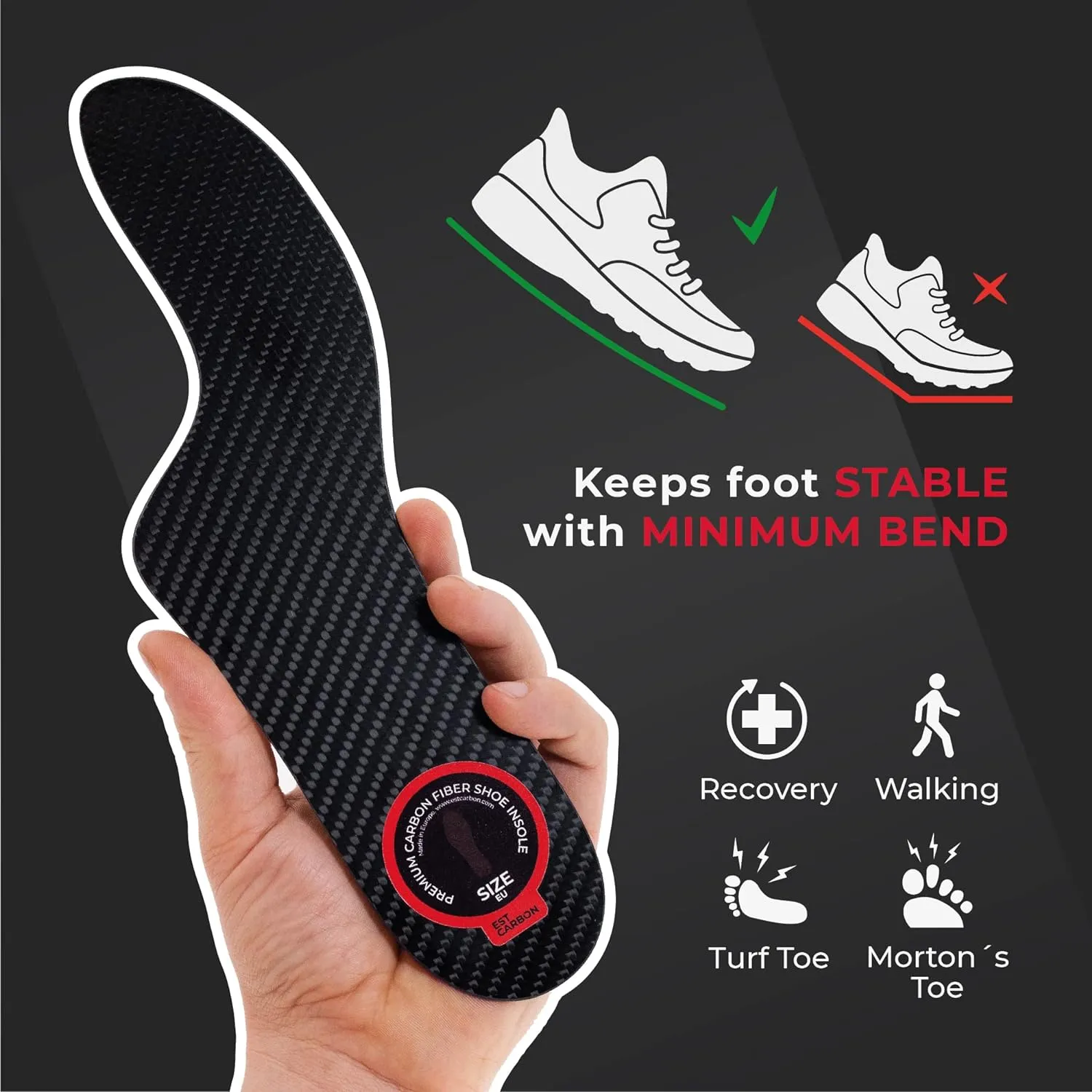 Mortons Extension Carbon Fiber Insole 1pc | FSA Eligible | Mortons Extension Orthotic Rigid Shoe Insert Carbon Insole Composite Big Toe Insert for Hallux Rigidus, Turf Toe & Morton’s Toe 12-12.5