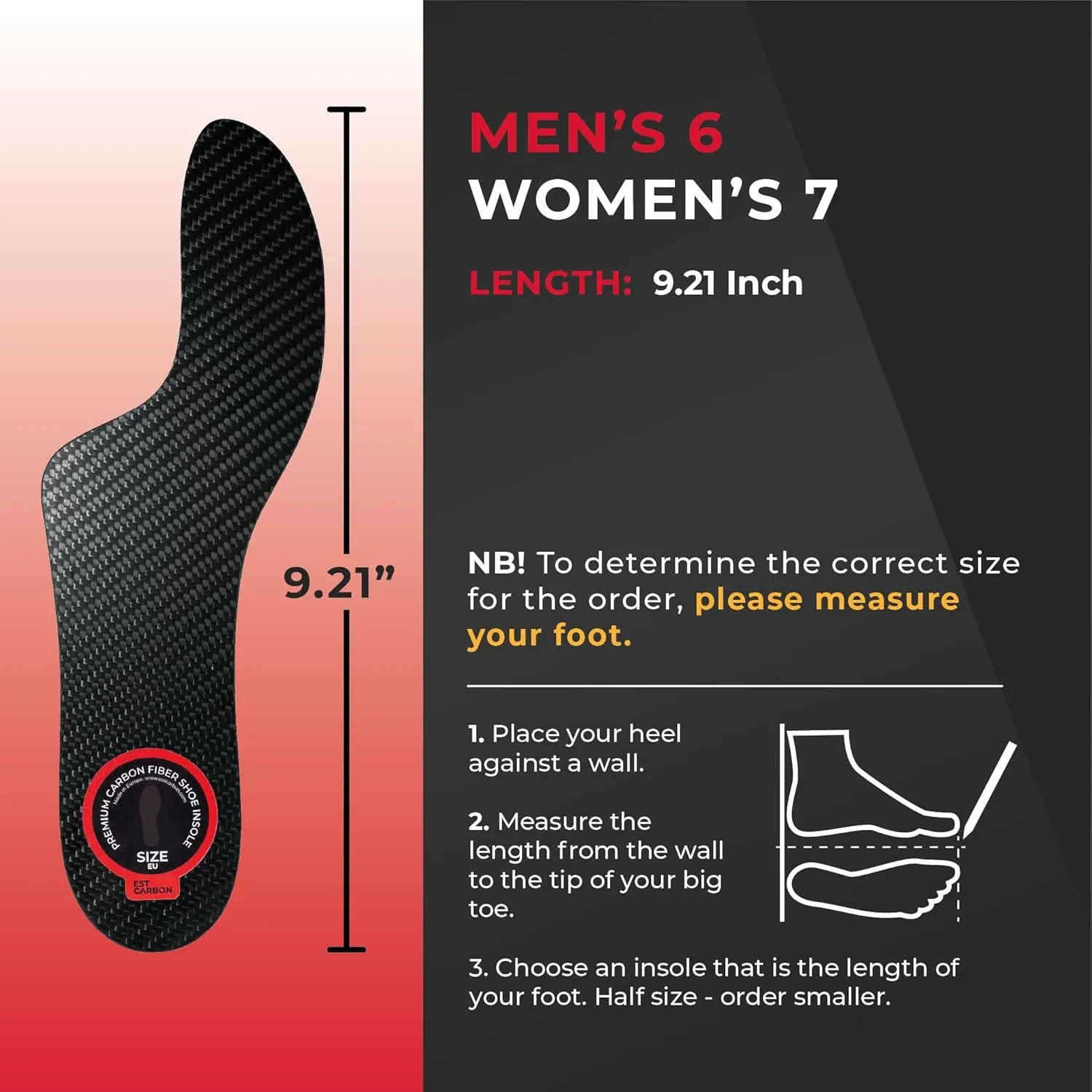 Mortons Extension Carbon Fiber Insole 1PC, FSA Eligible US Medical Device, Big Toe Foot Pain, Hallux Rigidus, Turf Toe, Mortons Extension Orthotic Shoe Insert, Carbon Fiber Foot Plate W 7, Mens 6