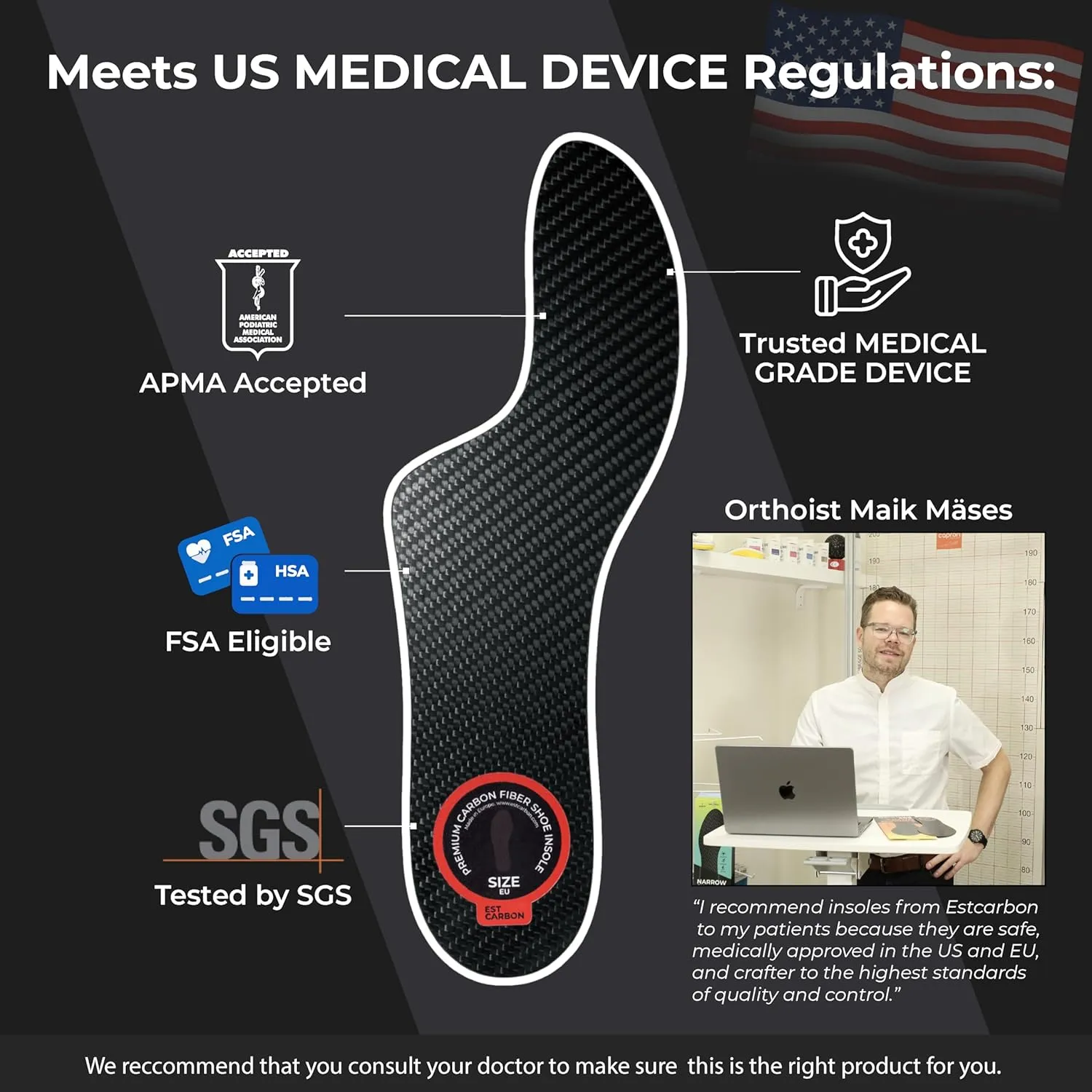 Mortons Extension Carbon Fiber Insole 1PC, FSA Eligible US Medical Device, Big Toe Foot Pain, Hallux Rigidus, Turf Toe, Mortons Extension Orthotic Shoe Insert, Carbon Fiber Foot Plate W 7, Mens 6