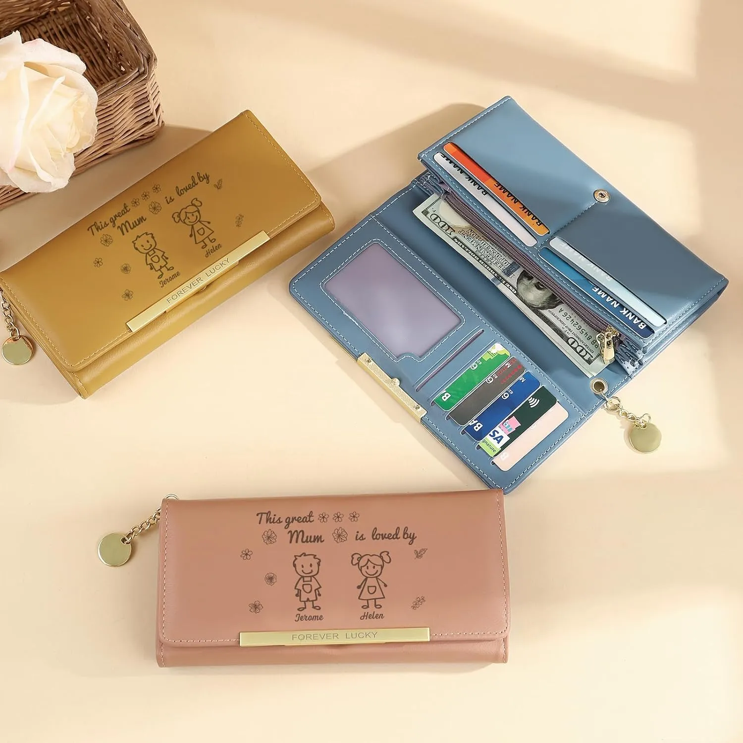Mothers Day Gifts - Personalized Wallets for Women Custom Name & Photo, Large Capacity Leather Wallet for Mom Grandmother Wife Birthday Anniversary Christmas (2 Names)
