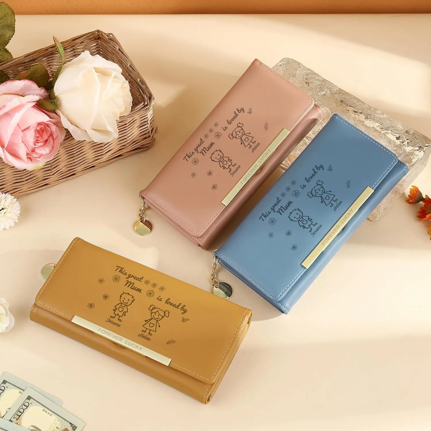 Mothers Day Gifts - Personalized Wallets for Women Custom Name & Photo, Large Capacity Leather Wallet for Mom Grandmother Wife Birthday Anniversary Christmas (2 Names)