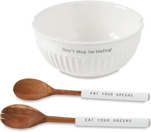 Mud Pie Dolomite, wood Don't Stop Be-Leafing Salad Bowl Set, 32 oz, White, brown