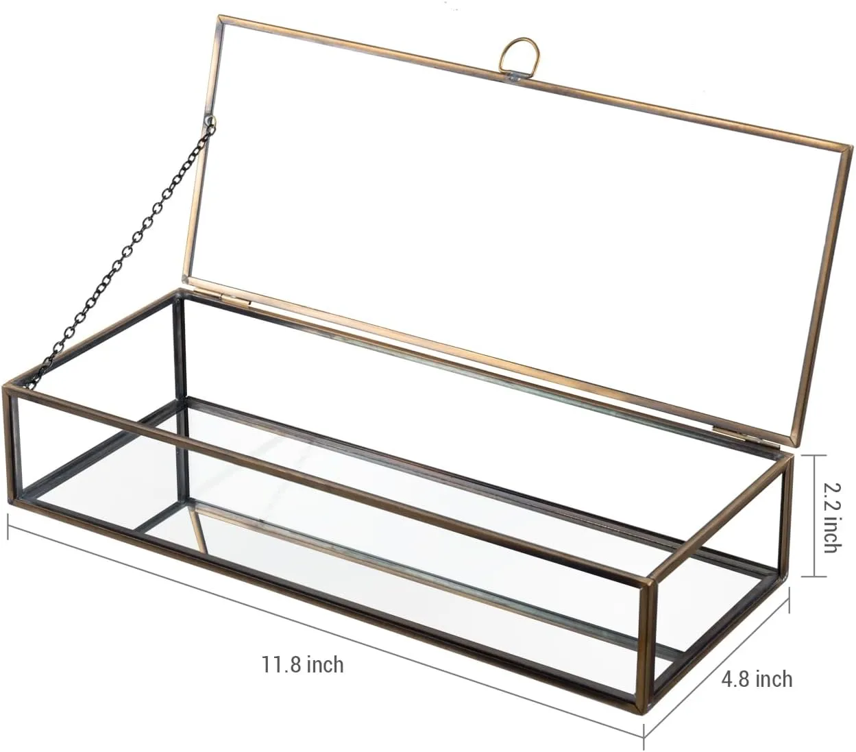 MyGift Glass Jewelry Box, Vintage Style Brass Metal & Clear Glass Mirrored Shadow Box Jewelry Display Case with Hinged Top Lid