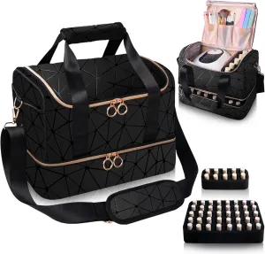 Nail Polish Organizer Holds 50 Bottles (15ml/0.5 fl.oz)& Nail Lamp, PU Leather Nail Organizers and Storage Bag with Shoulder Strap, Portable Nail Supplies Kit Organizer Carrying Case (Black)