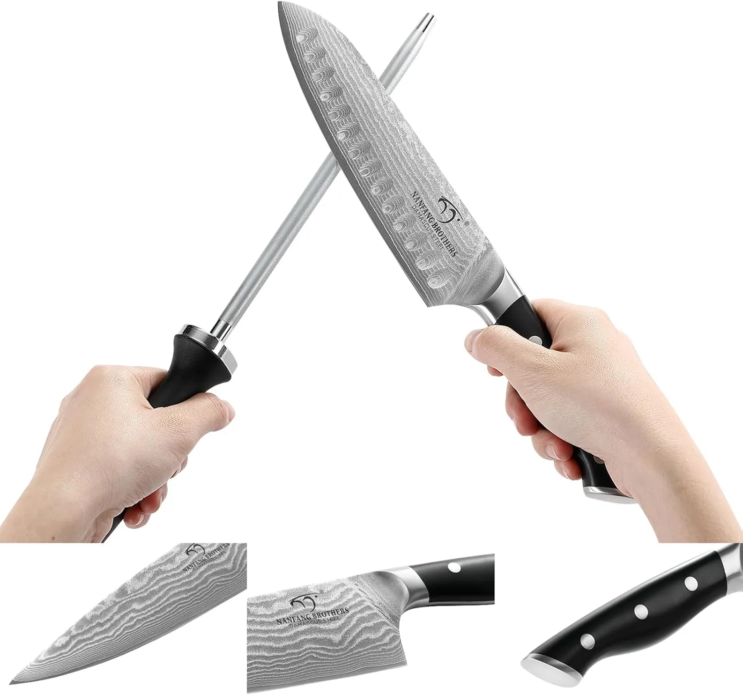 NANFANG BROTHERS Knife Set, 9 Pieces Damascus Kitchen Knife Set with Block, ABS Ergonomic Handle for Chef Knife Set, Knife Sharpener and Kitchen Shears, Knife Block Set