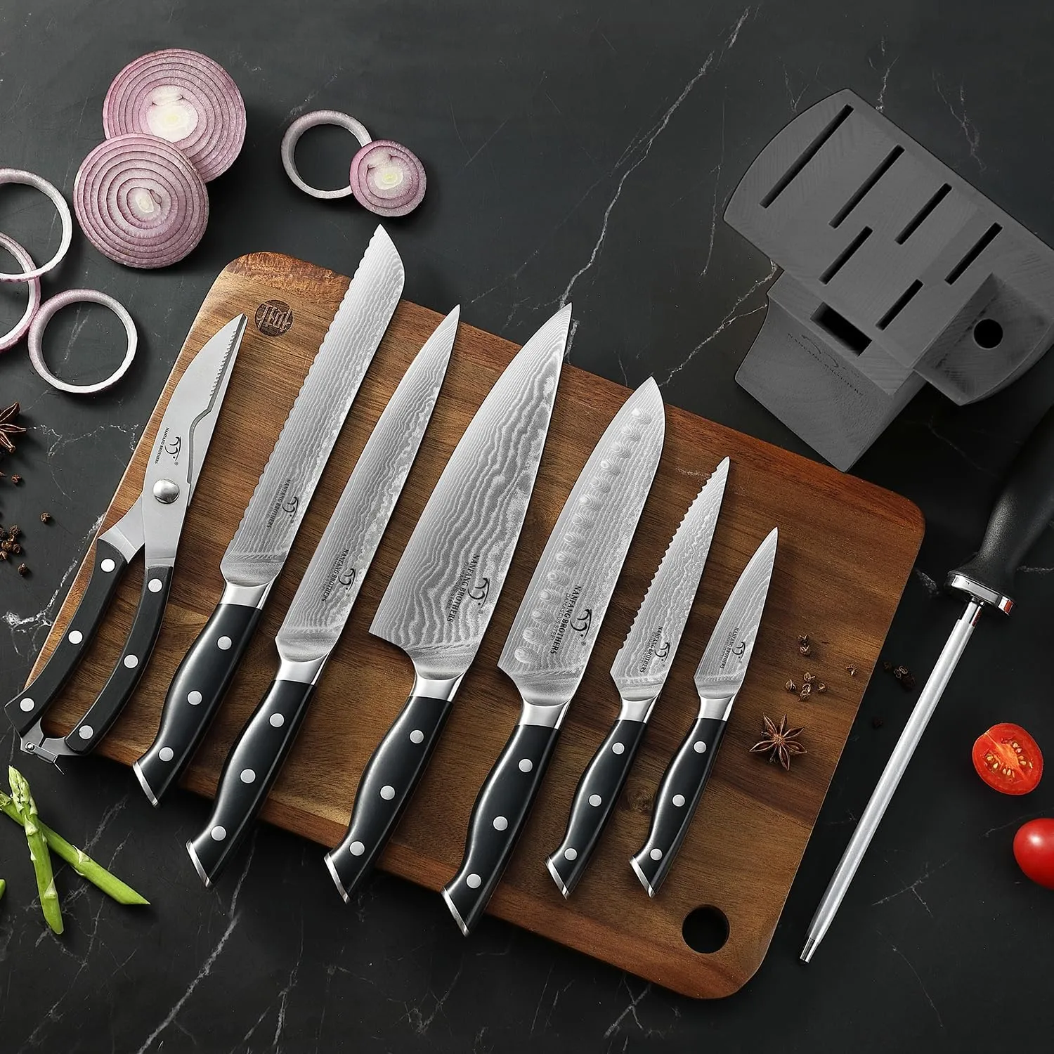 NANFANG BROTHERS Knife Set, 9 Pieces Damascus Kitchen Knife Set with Block, ABS Ergonomic Handle for Chef Knife Set, Knife Sharpener and Kitchen Shears, Knife Block Set