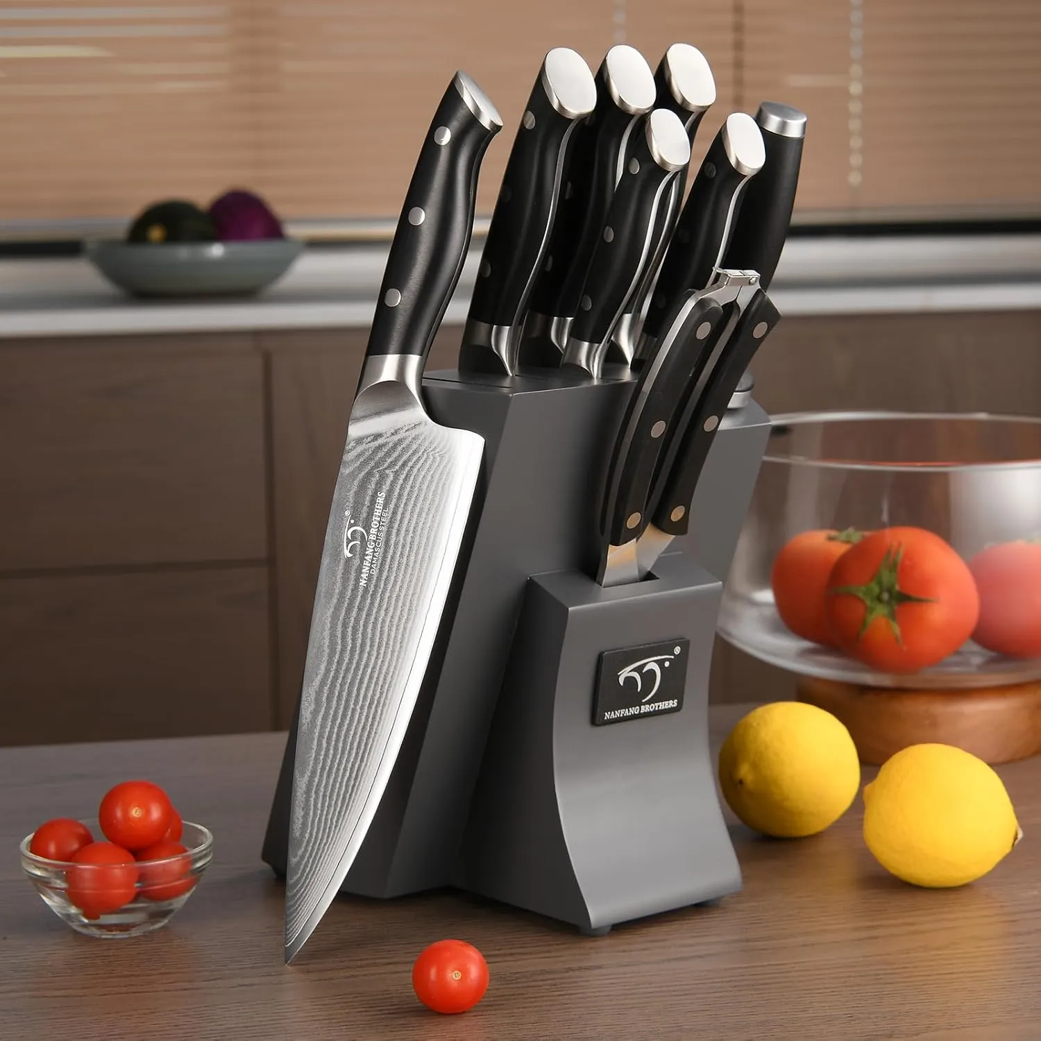 NANFANG BROTHERS Knife Set, 9 Pieces Damascus Kitchen Knife Set with Block, ABS Ergonomic Handle for Chef Knife Set, Knife Sharpener and Kitchen Shears, Knife Block Set
