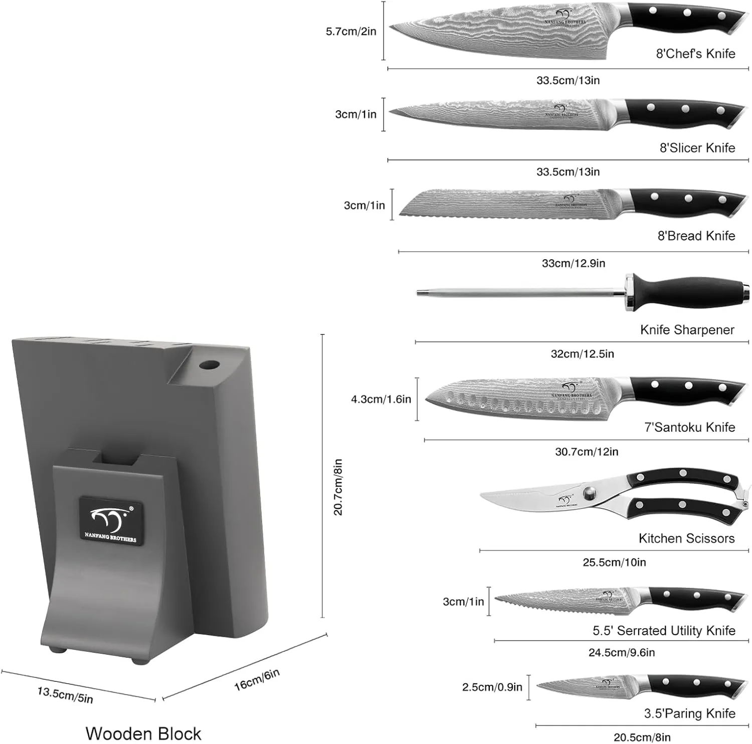 NANFANG BROTHERS Knife Set, 9 Pieces Damascus Kitchen Knife Set with Block, ABS Ergonomic Handle for Chef Knife Set, Knife Sharpener and Kitchen Shears, Knife Block Set