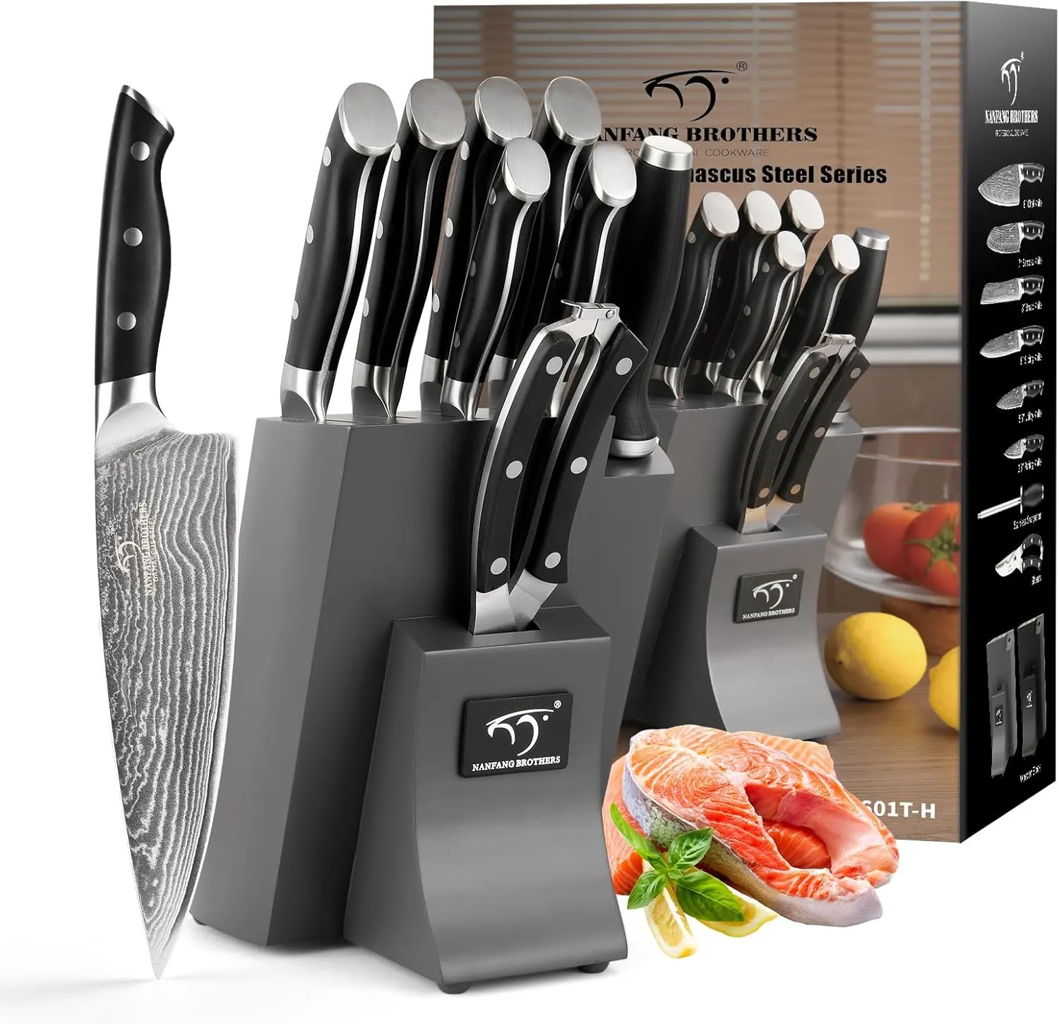 NANFANG BROTHERS Knife Set, 9 Pieces Damascus Kitchen Knife Set with Block, ABS Ergonomic Handle for Chef Knife Set, Knife Sharpener and Kitchen Shears, Knife Block Set