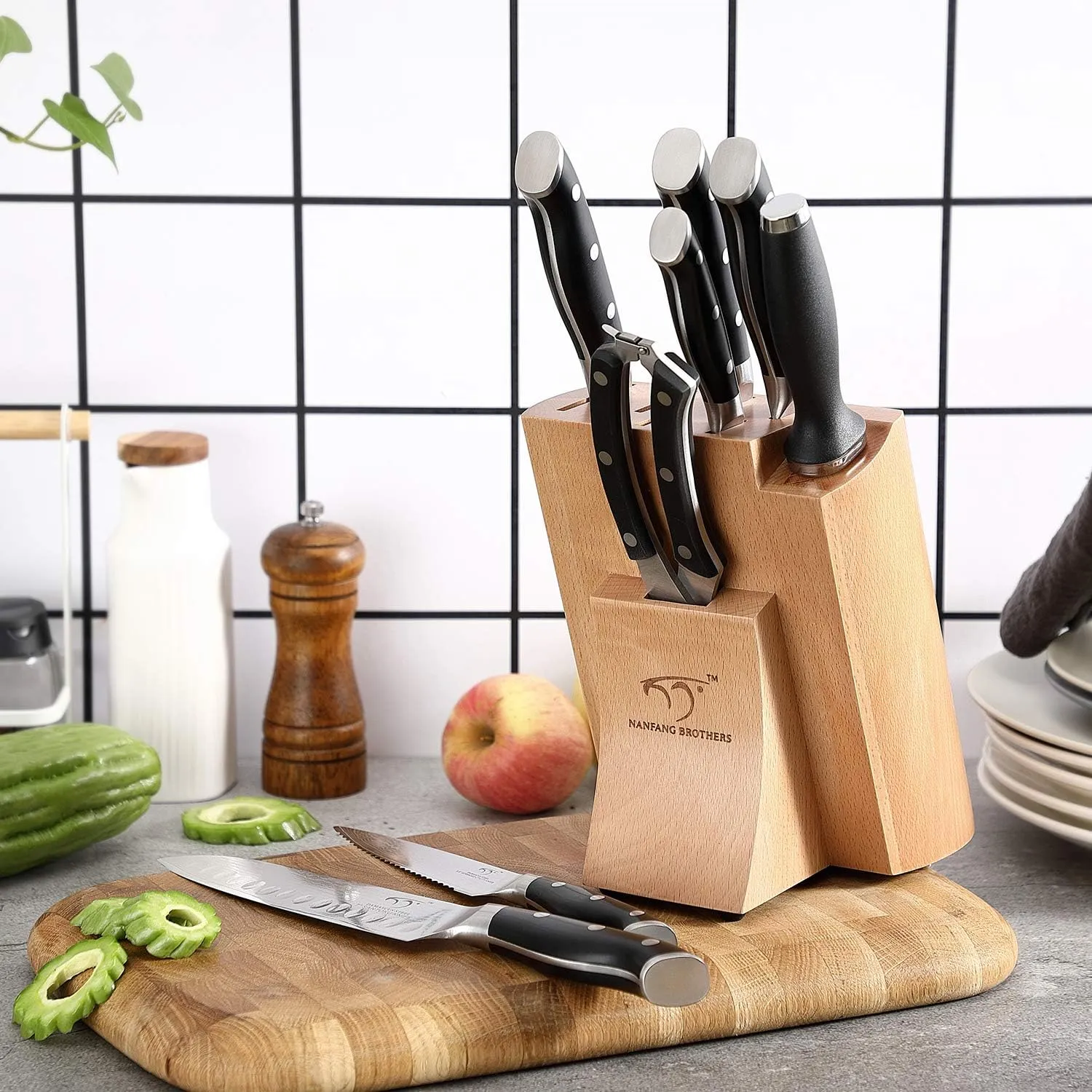 NANFANG BROTHERS Knife Sets, 9 Pieces Damascus Kitchen Knife Set with Block, ABS Ergonomic Handle for Chef Knife Set, Knife Sharpener and Kitchen Shears, Knife Block Set