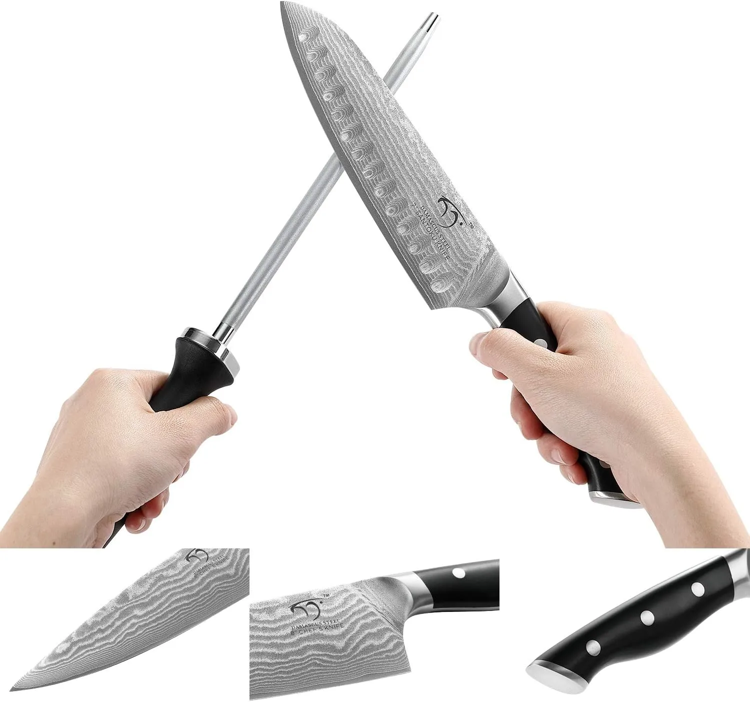 NANFANG BROTHERS Knife Sets, 9 Pieces Damascus Kitchen Knife Set with Block, ABS Ergonomic Handle for Chef Knife Set, Knife Sharpener and Kitchen Shears, Knife Block Set