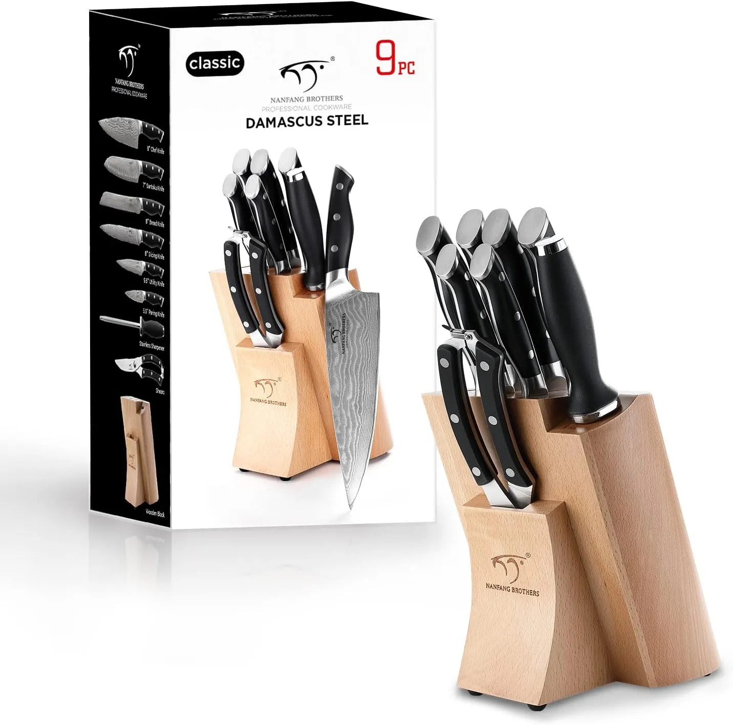NANFANG BROTHERS Knife Sets, 9 Pieces Damascus Kitchen Knife Set with Block, ABS Ergonomic Handle for Chef Knife Set, Knife Sharpener and Kitchen Shears, Knife Block Set