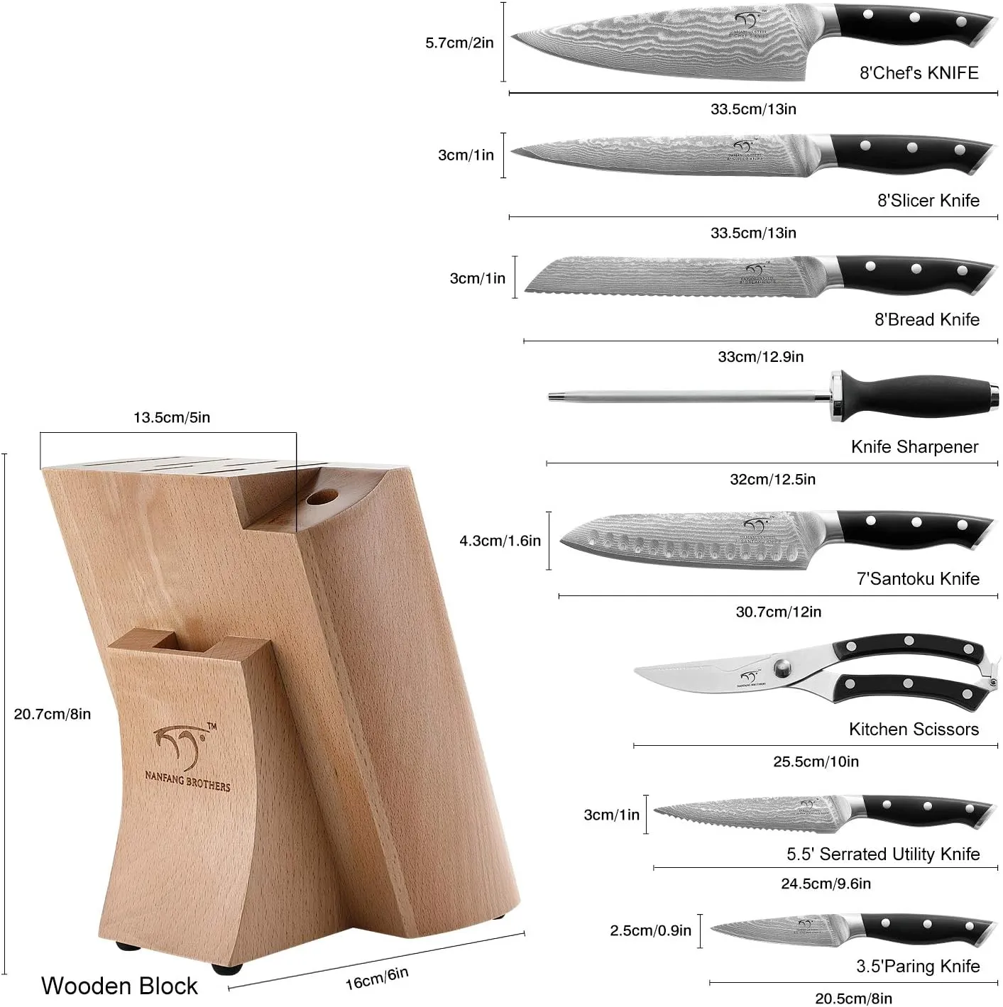 NANFANG BROTHERS Knife Sets, 9 Pieces Damascus Kitchen Knife Set with Block, ABS Ergonomic Handle for Chef Knife Set, Knife Sharpener and Kitchen Shears, Knife Block Set