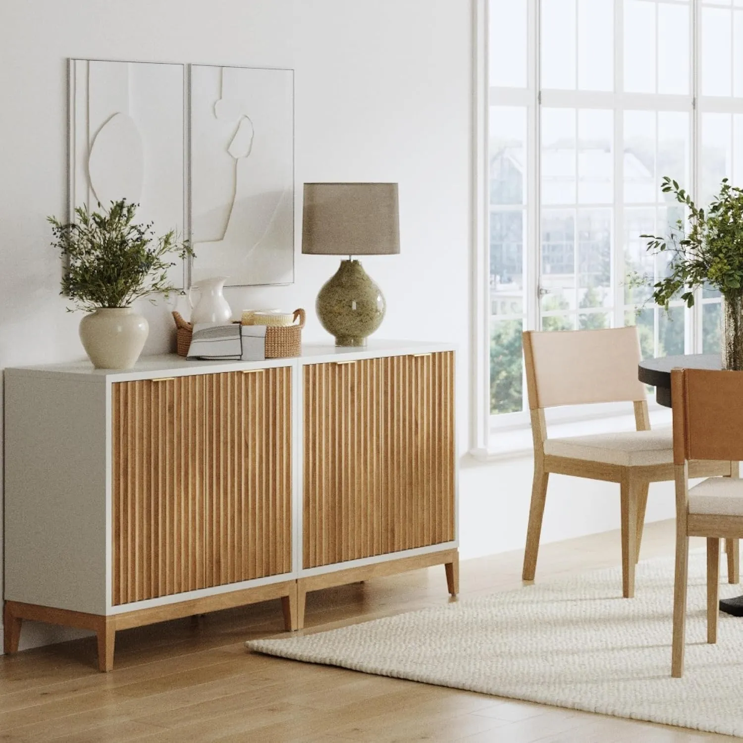 Nathan James Jasper Modern Sideboard, Kitchen Storage Cabinet with Fluted Doors, Accent Storage for Kitchen or Living Room, White/Warm Pine