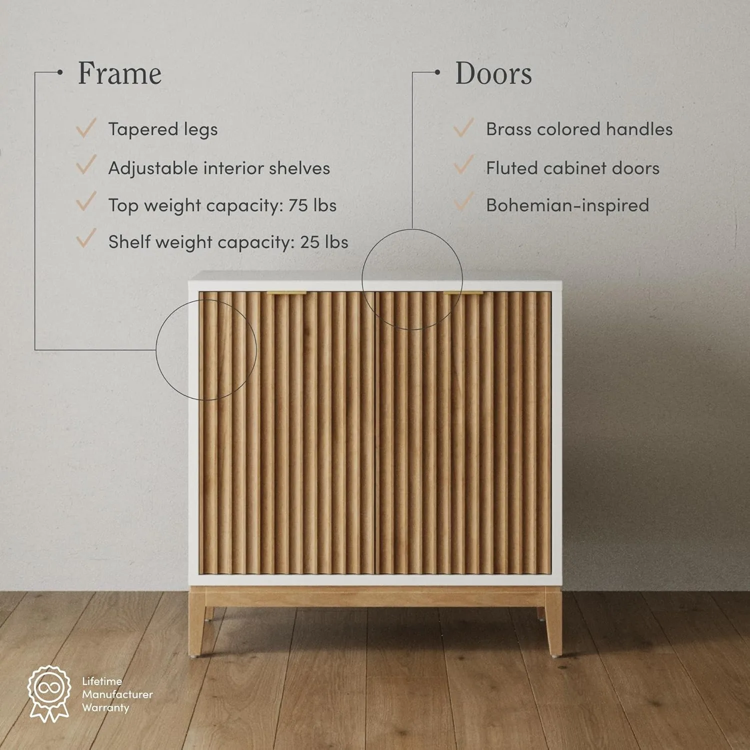 Nathan James Jasper Modern Sideboard, Kitchen Storage Cabinet with Fluted Doors, Accent Storage for Kitchen or Living Room, White/Warm Pine