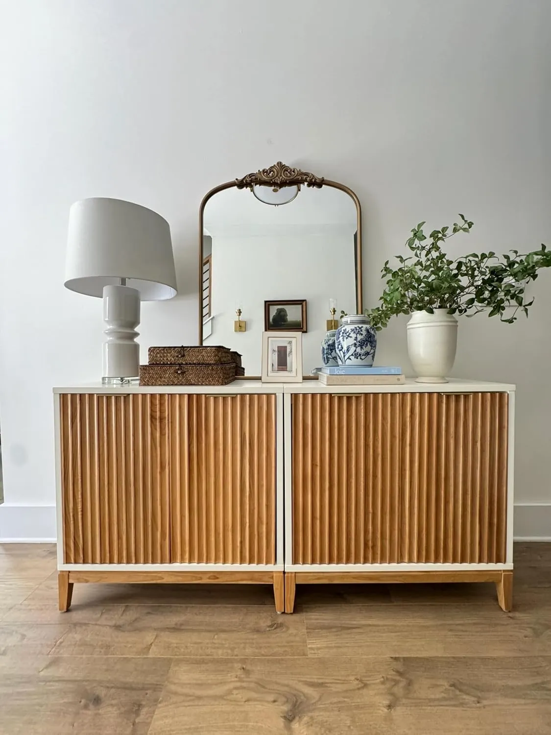 Nathan James Jasper Modern Sideboard, Kitchen Storage Cabinet with Fluted Doors, Accent Storage for Kitchen or Living Room, White/Warm Pine