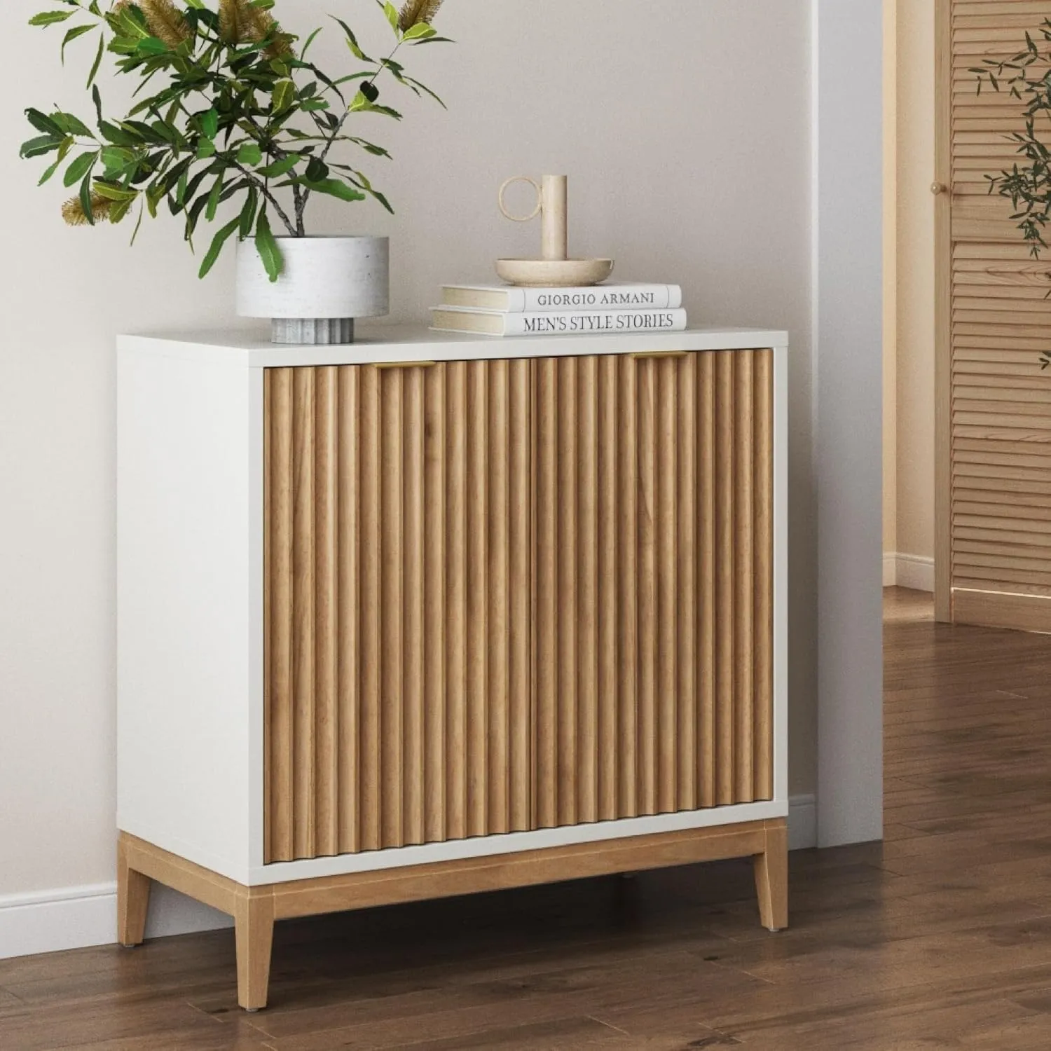 Nathan James Jasper Modern Sideboard, Kitchen Storage Cabinet with Fluted Doors, Accent Storage for Kitchen or Living Room, White/Warm Pine