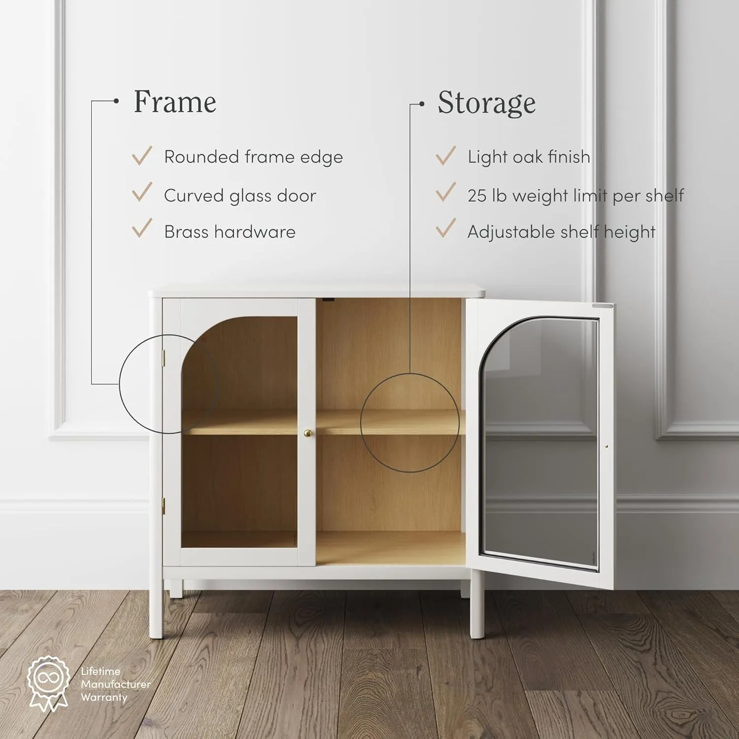 Nathan James Mason Storage Accent Cabinet Sideboard Buffet, Credenza with Glass Doors and Adjustable Shelf for Dining Room, Entryway and Living Room, Clear Glass/White/Light Oak