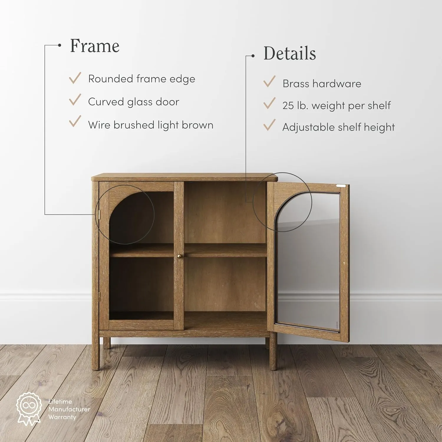 Nathan James Mason Storage Cabinet, Free Standing Accent Sideboard Buffet, Credenza with Glass Doors and Adjustable Shelf in Brushed Light Brown Wood for Dining Room, Entryway and Living Room
