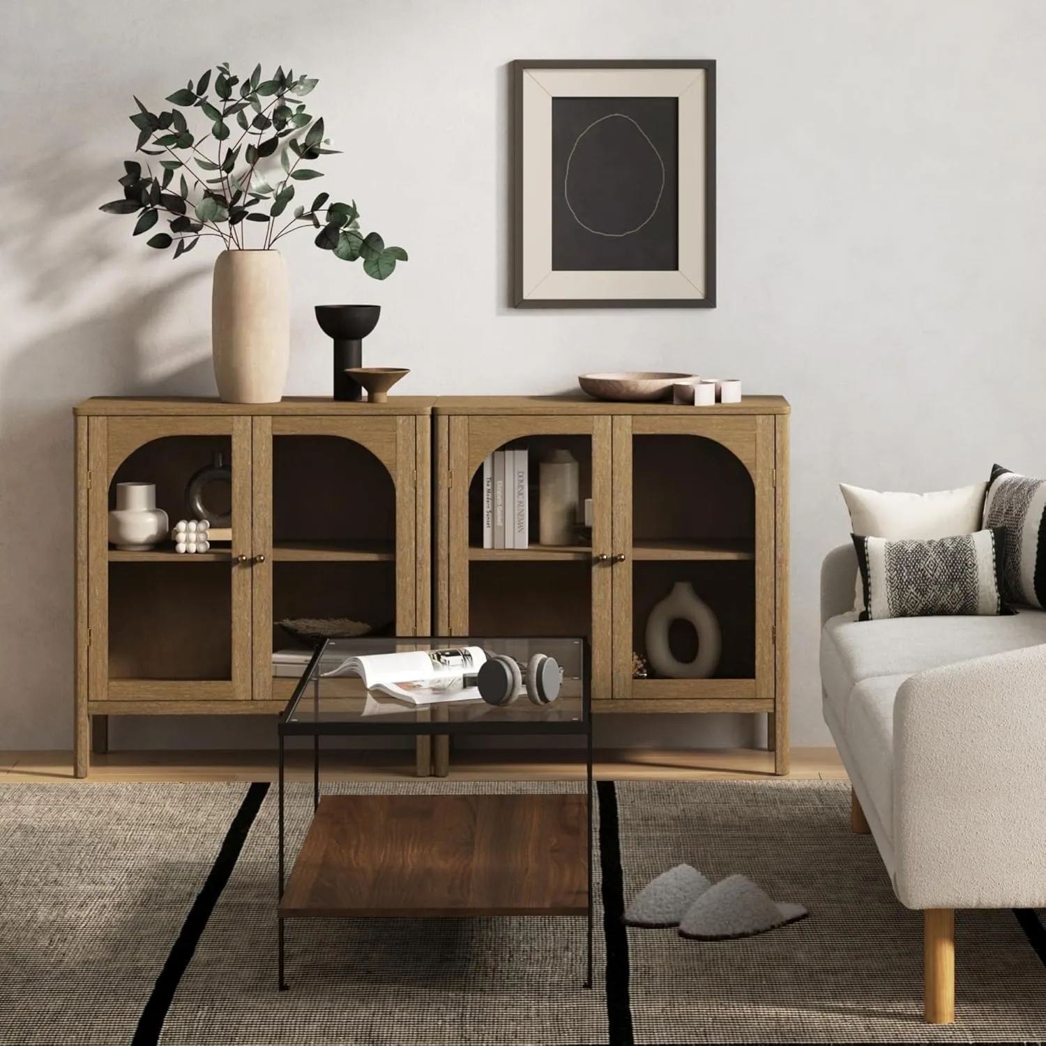 Nathan James Mason Storage Cabinet, Free Standing Accent Sideboard Buffet, Credenza with Glass Doors and Adjustable Shelf in Brushed Light Brown Wood for Dining Room, Entryway and Living Room