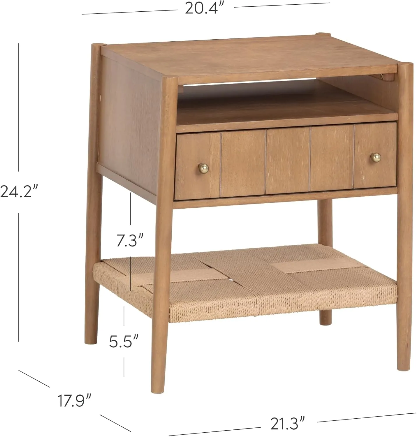 Nathan James Meads Wood Nightstand with Drawer, Vintage Nightstand with Seagrass Storage and Brass Handles, Light Brown