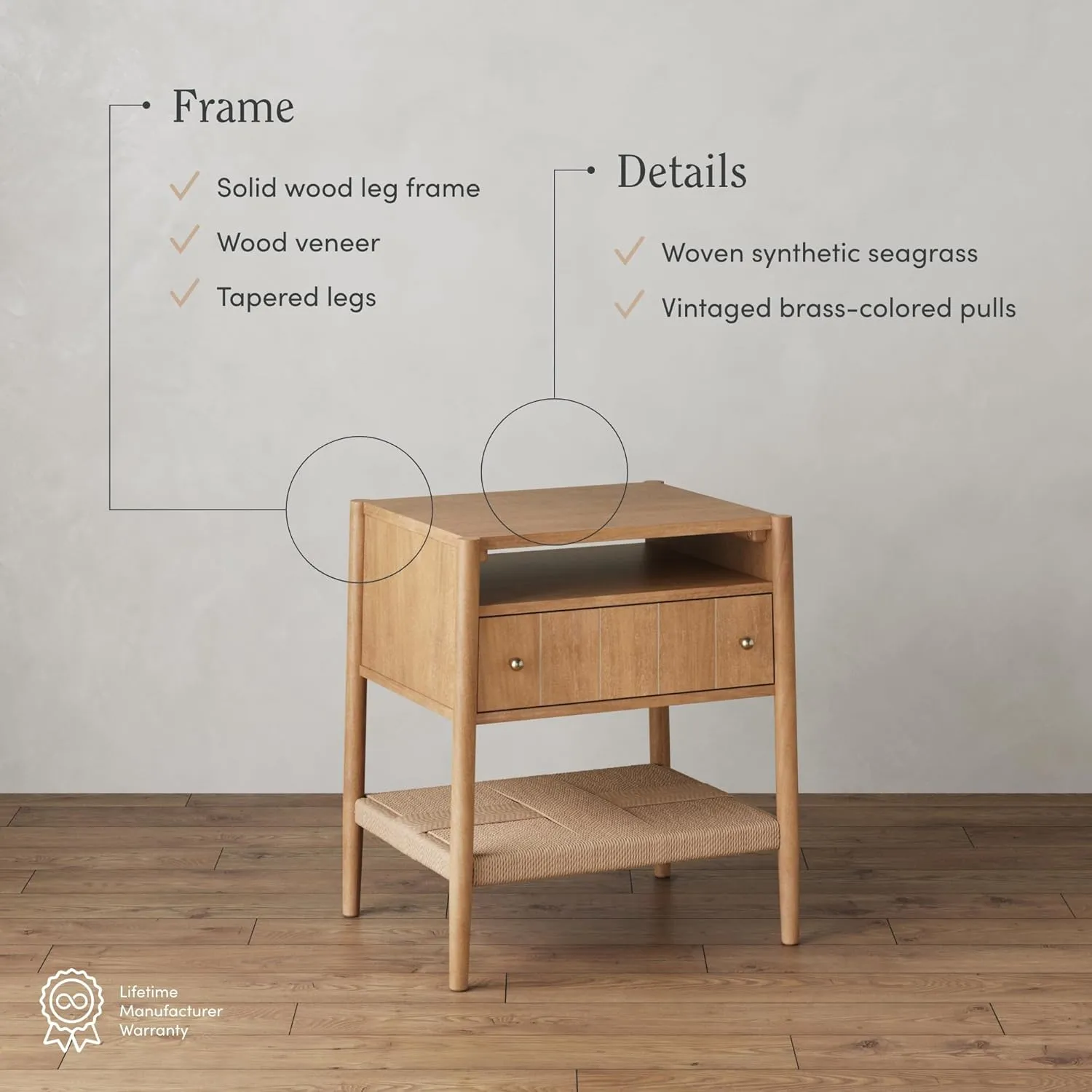 Nathan James Meads Wood Nightstand with Drawer, Vintage Nightstand with Seagrass Storage and Brass Handles, Light Brown