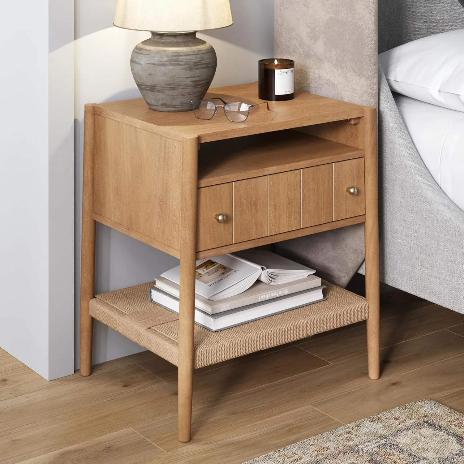 Nathan James Meads Wood Nightstand with Drawer, Vintage Nightstand with Seagrass Storage and Brass Handles, Light Brown