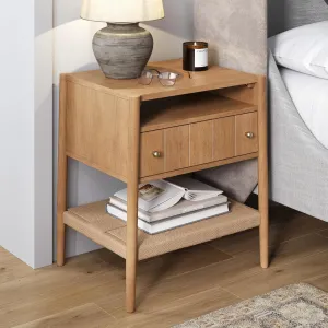 Nathan James Meads Wood Nightstand with Drawer, Vintage Nightstand with Seagrass Storage and Brass Handles, Light Brown
