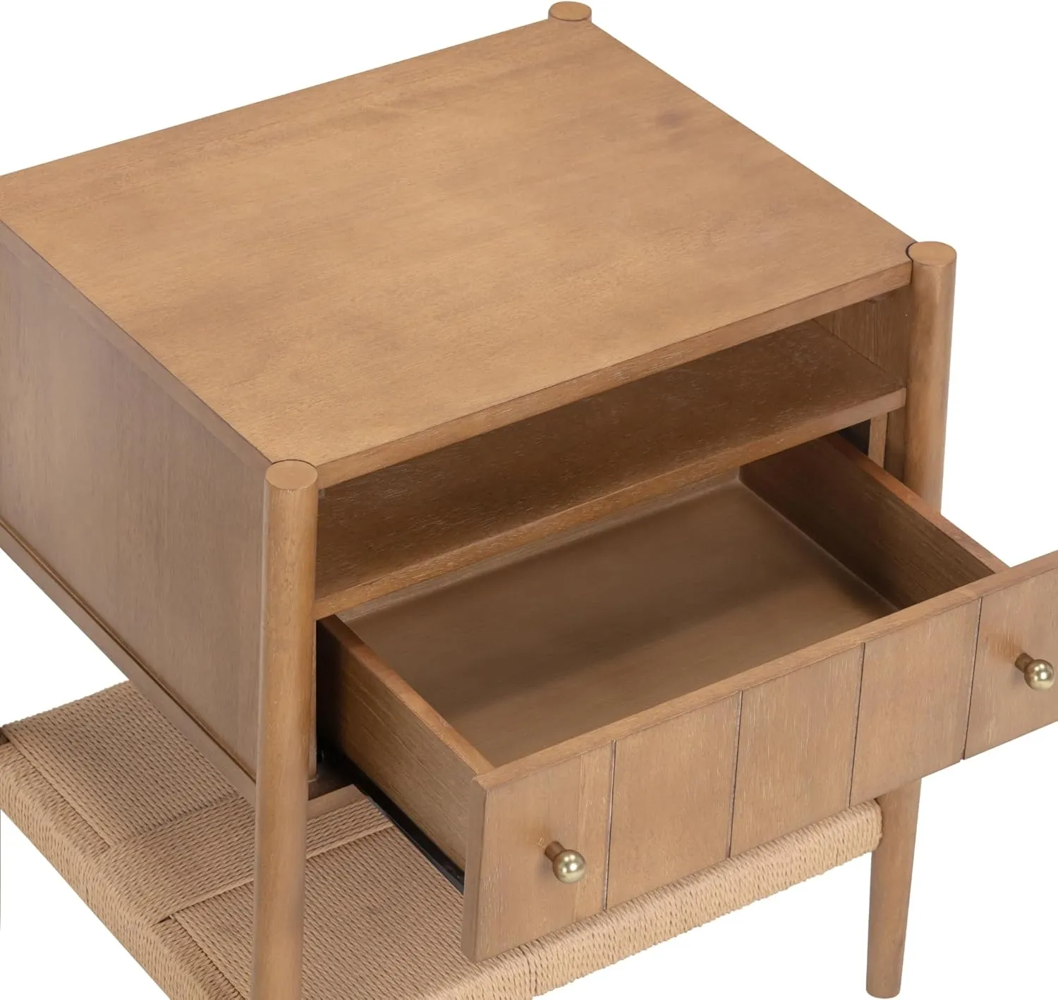 Nathan James Meads Wood Nightstand with Drawer, Vintage Nightstand with Seagrass Storage and Brass Handles, Light Brown