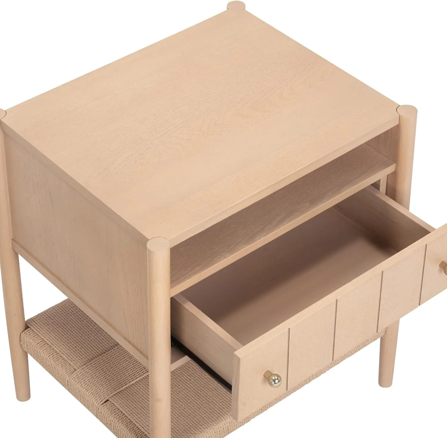 Nathan James Meads Wood Nightstand with Drawer, Vintage Nightstand with Seagrass Storage and Brass Handles, Raw Oak
