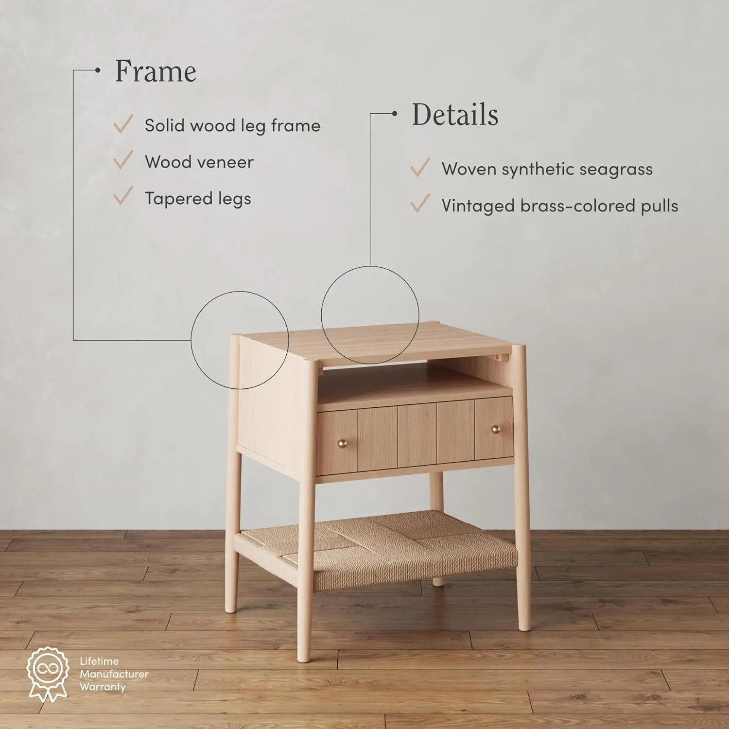 Nathan James Meads Wood Nightstand with Drawer, Vintage Nightstand with Seagrass Storage and Brass Handles, Raw Oak