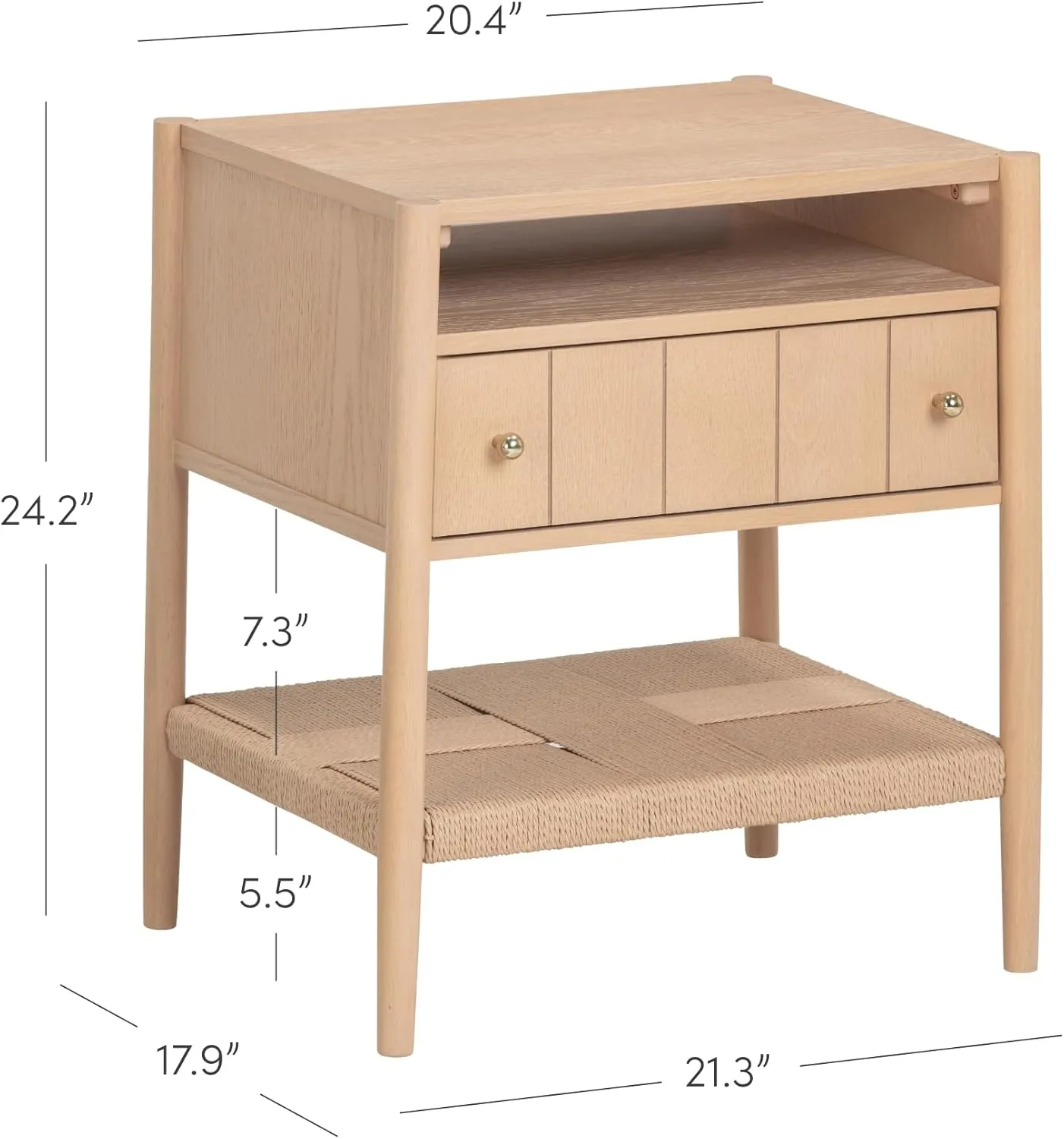 Nathan James Meads Wood Nightstand with Drawer, Vintage Nightstand with Seagrass Storage and Brass Handles, Raw Oak