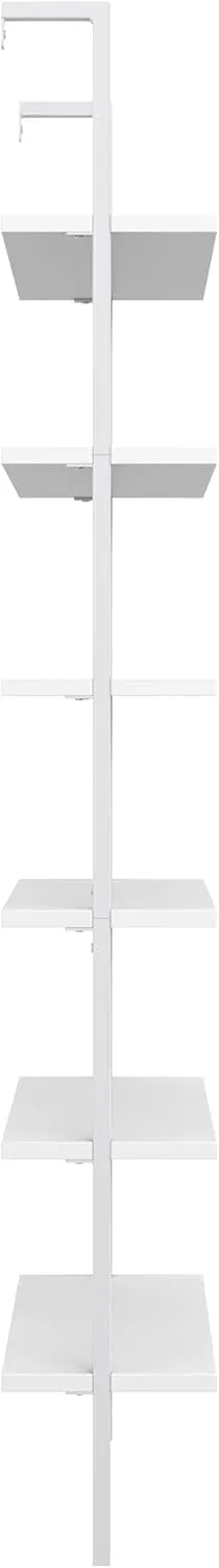 Nathan James Theo 6-Shelf Tall Modern Bookshelf, Wall Mount Ladder Shelf Bookcase with Wood and Industrial Metal Frame, Matte White