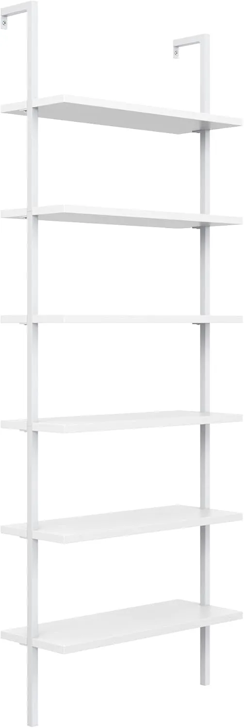 Nathan James Theo 6-Shelf Tall Modern Bookshelf, Wall Mount Ladder Shelf Bookcase with Wood and Industrial Metal Frame, Matte White