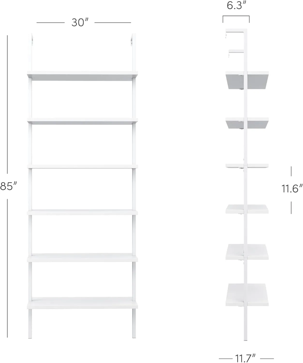 Nathan James Theo 6-Shelf Tall Modern Bookshelf, Wall Mount Ladder Shelf Bookcase with Wood and Industrial Metal Frame, Matte White