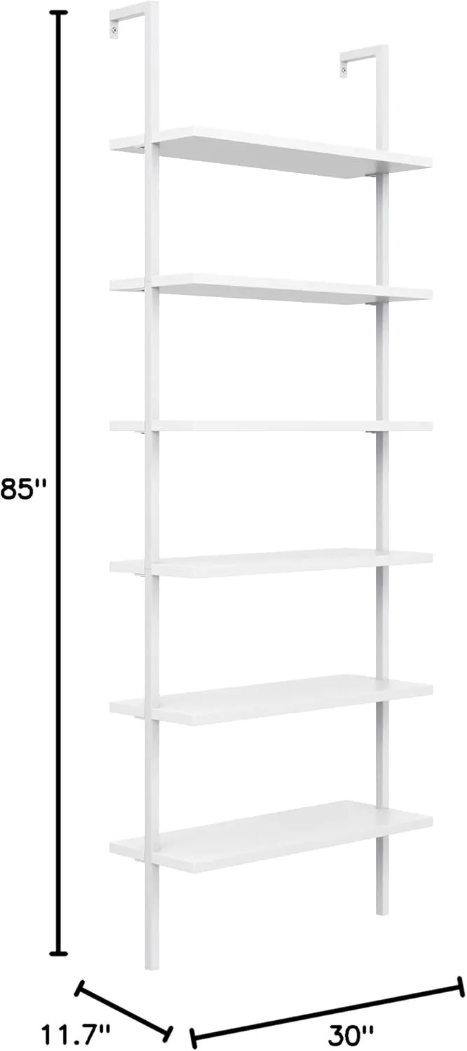 Nathan James Theo 6-Shelf Tall Modern Bookshelf, Wall Mount Ladder Shelf Bookcase with Wood and Industrial Metal Frame, Matte White