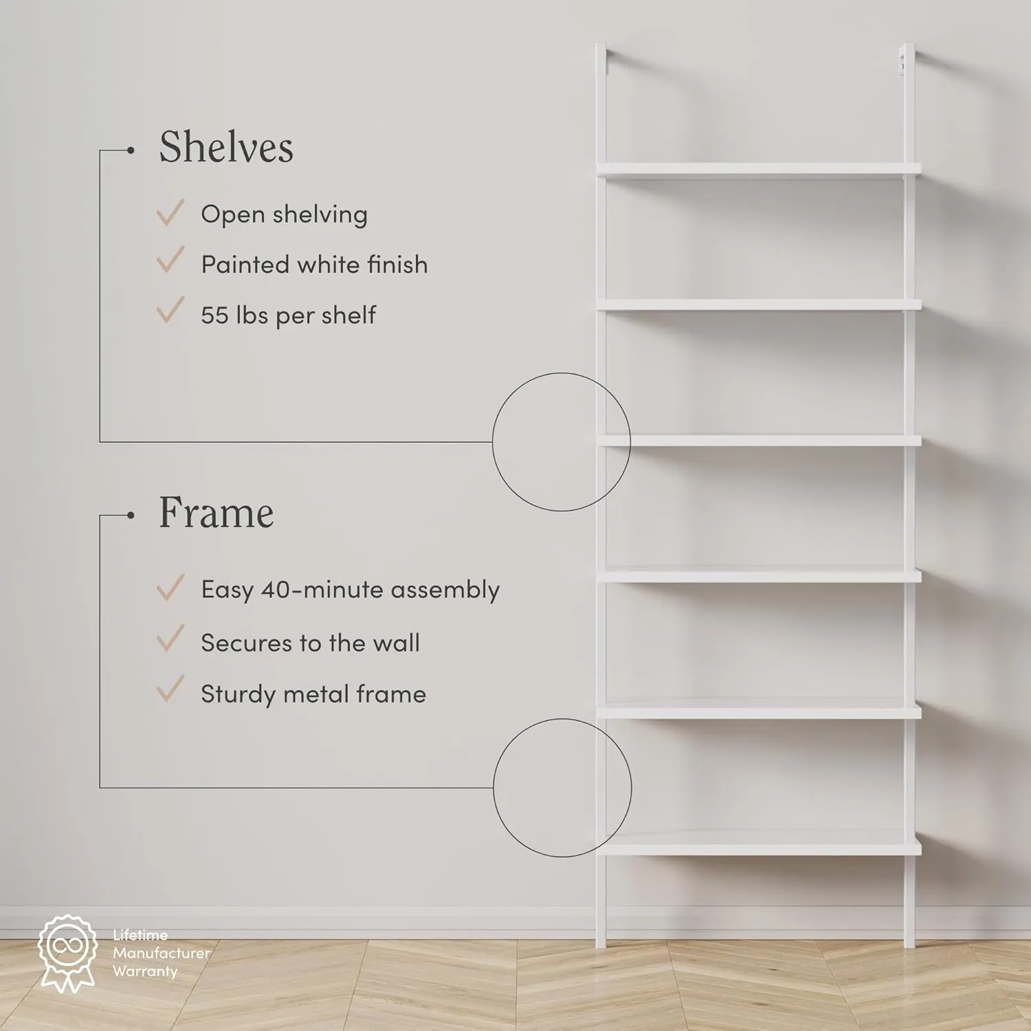 Nathan James Theo 6-Shelf Tall Modern Bookshelf, Wall Mount Ladder Shelf Bookcase with Wood and Industrial Metal Frame, Matte White